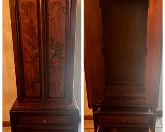 Asian motif two piece cabinet,  26 x 17 x 58