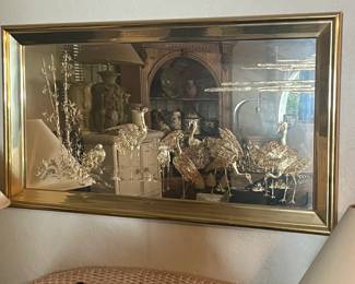 Hollywood Regency Etched  Mirror with gold Eglomise Decoration and Brass Frame