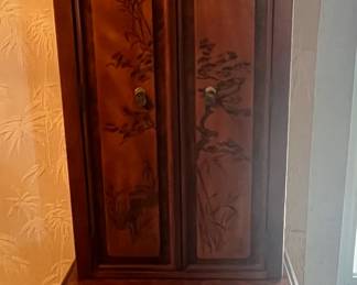 Asian motif two piece cabinet,  26 x 17 x 58
