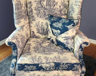 Colonial fabric wingback chair.  
