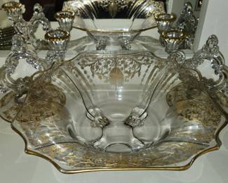 Cambridge "Diane" Candlesticks. Encrusted Bowl. 