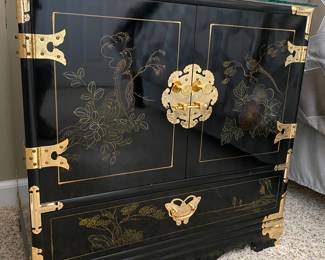 Vintage Black Lacquered Chinoiserie Bedside Table w brass hardware (only one)