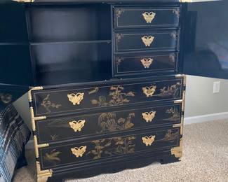 Vintage Black Lacquered Chinoiserie Chest w brass hardware