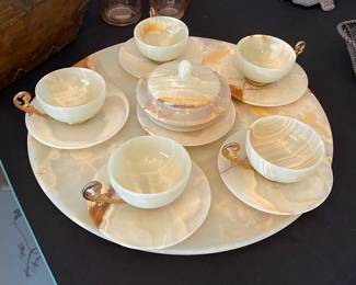 Vintage Onyx + Brass Cup/Saucer Serving Set