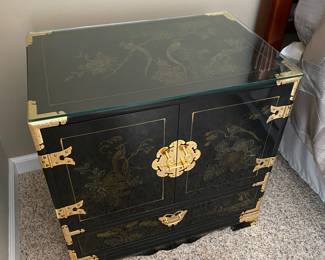 Vintage Black Lacquered Chinoiserie Bedside Table w brass hardware (only one)