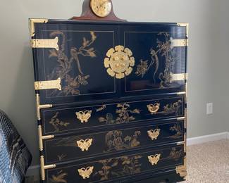 Vintage Black Lacquered Chinoiserie Chest w brass hardware