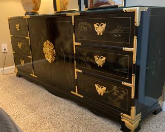 Vintage Black Lacquered Chinoiserie Dresser w brass hardware