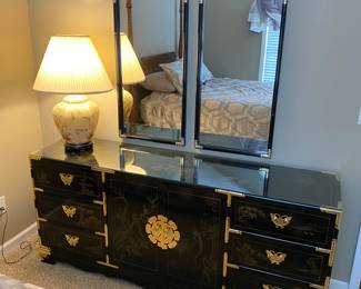Vintage Black Lacquered Chinoiserie Dresser w brass hardware