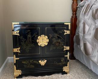 Vintage Black Lacquered Chinoiserie Bedside Table w brass hardware (only one)