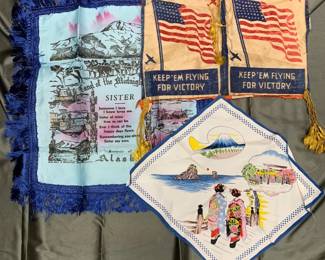 WWII Book cover, Souvenir of Japan handkerchief, Alaska Sweetheart Pillow