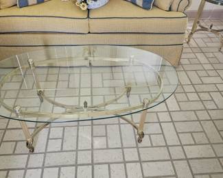 Glass and brass coffee table, 4 ft x 28", $200 or $300 for the coffee table and end table set
