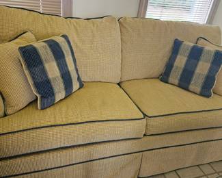 Yellow full size sleeper sofa with blue piping, $450 or $550 as a set with yellow and blue chair