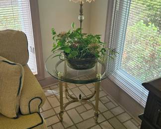 Glass and Brass end table, 27" round, $150 or $300 for the coffee table and end table set