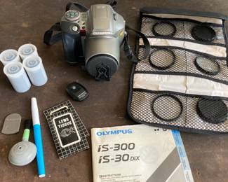 Olympus is-300 DLX Film Camera with Extra Lenses, Remote, etc - untested
