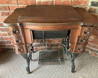 Antique White Family Rotary Treadle Sewing Machine & Cabinet with Original Drawer Contents
