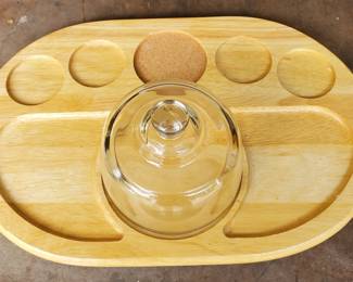 Wood Serving Crudité Tray and Glass Dome, wine glasses not included
