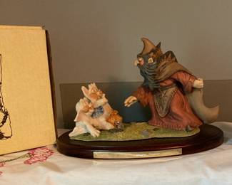 Vintage Krystonia Cold Cast Porcelain “Caught at Last!” Figurine w/Box, Wood Stand, Swarovski Crystals and Card
