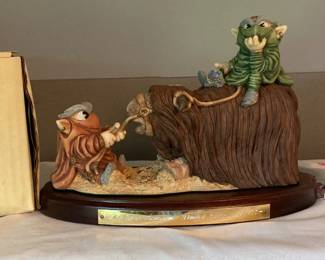 Vintage Krystonia Cold Cast Porcelain Maj-Dron Migration Figurine w/Box, Wood Stand, Swarovski Crystals and Card
