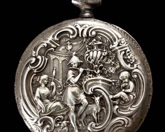 Silver Plate Repousse Miniature Pocket Watch 1.5” - no markings, untested
