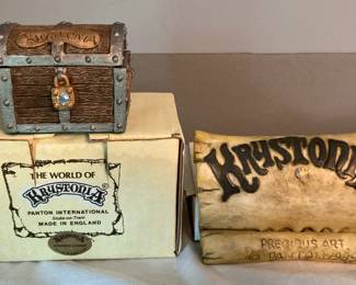 Vintage Krystonia Cold Cast Porcelain Kehpren’s Chest & Scroll Figurines w/Box, Swarovski Crystals

