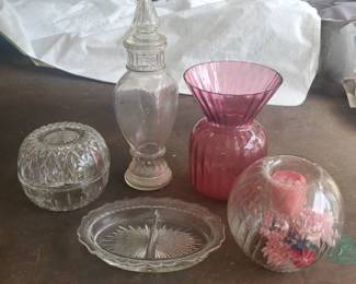 Fairy Light, Brachs Starlight Mints Bottle w/Stopper, Divided Dish, Cranberry Vase & Candle Holder - fairy light has chip
