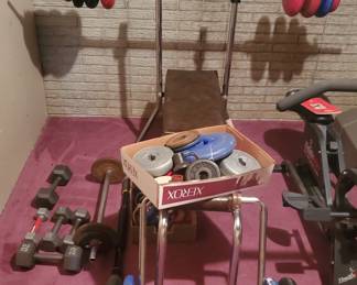Vintage Bench Press, Extra Weights, Bars and Hand Weights Plus Some Extra Accessories 
