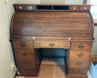 Vintage Roll Top Desk w/White Porcelain Knobs & Brass Pulls 52”w x 22”d x 49”h
