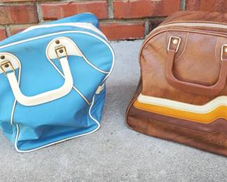 Two Vintage Bowling Bags with Balls, Wrist Supports, and 1 Pair Size 12 Mens Shoes
