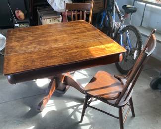 Vintage Wood Drop Leaf Kitchen Table on Casters with Two Chairs 3’6” square
