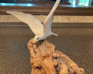 Vintage Ceramic Bird on Burlwood, Signed by Artist 
