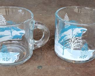 2 Vintage Anchor Hocking Winter Scene Glass Mugs 

