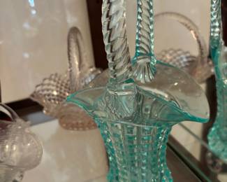 Tall Turquoise Glass Basket Vase