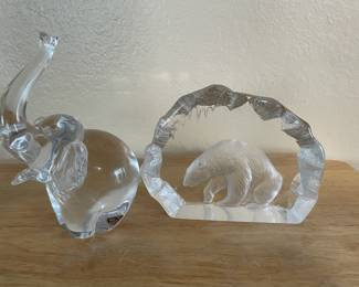 Swedish Glass Art Elephant Figurine - Made by FM Konstglas Ronne, Swedish Clear Crystal Polar Bear in Ice Cave Paperweight - Made by Mats Jonasson