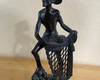 Hand Carved Wood Fisherman with Net