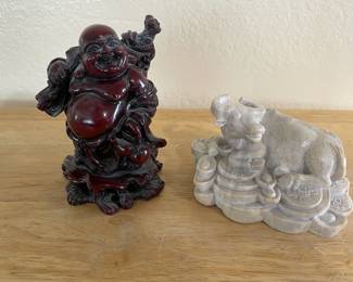 Deep Red Ceramic Laughing Buddha Figurine, Asian Carved Stone Bull