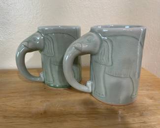 Pair of Siam Celadon Thailand Green Elephant Coffee Mugs
