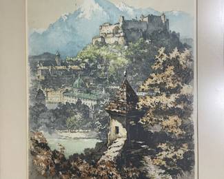 Matted Etching ""Salzburg from Kapuzinerberg" by Karl Schwetz