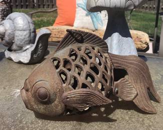 Cast Iron Koi Fish Garden Lantern, Mushroom Statue Garden Art