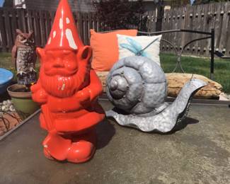 Red Ceramic Garden Gnome, Metal Snail Garden Statue