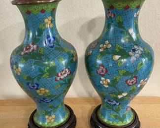 Pair of Blue/Multicolored Cloisonné Vases