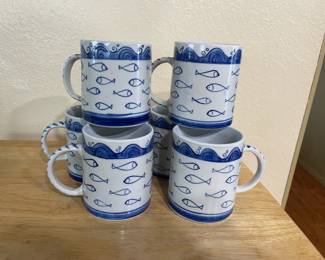 Set of 6 Blue/White Coffee Mugs with Fish Design