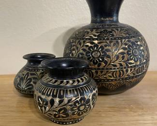3 Black Etched Brass Vases - Varying Sizes