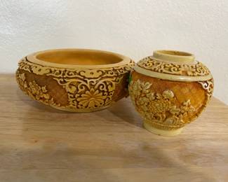 Carved Yellow Cinnabar Planter & Vase