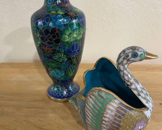 Cloisonné Swan Trinket Dish, Black/Multicolored Floral Cloisonné Vase