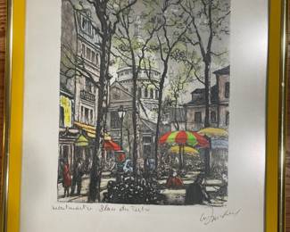 Framed Hand Colored Engraving "Montmartre Paris Place Du Tertre" by Maurice Jacque