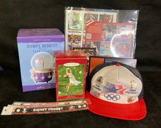 1984 Olympics Hat With Pins Hallmark Tara Lipinski Snow Globe Peggy Fleming Ornament