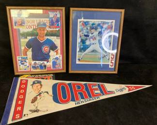 Orel Hershiser Signed Photograph And Pennant Flag And Mark Grace Baseball Cards