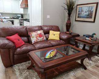 LEATHER SOFA, GLASS TOP COFFEE TABLE & PAIR OF SIDE TABLES