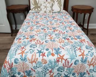 ANTIQUE STYLE TWIN BED WITH TRUNDLE AND POTTERY BARN SPREAD AND PILLOWS