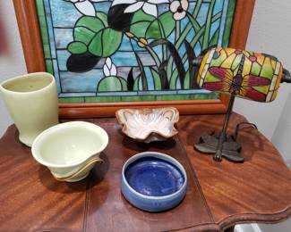 STAINED GLASS LAMP AND STUDIO POTTERY